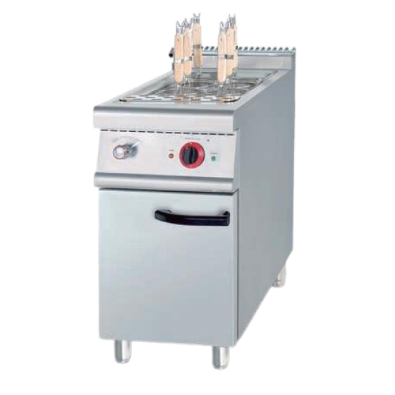 Vertical electric noodle cooker with cabinet base