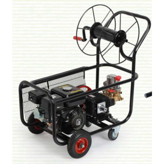 A manually driven motorized sprayer with a trolley